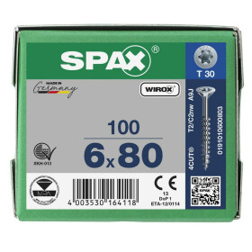 SPAX Senkkopf T-STAR plus - Teilgewinde WIROX A3J  T30  -  6x80  -  100 Stk