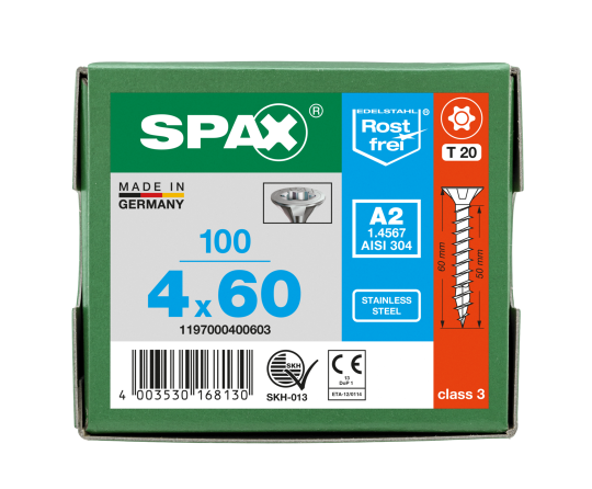 SPAX Senkkopf T-STAR plus - Vollgewinde Edelstahl rostfrei A2 1.4567      T20  -  4x60  -  100 Stk