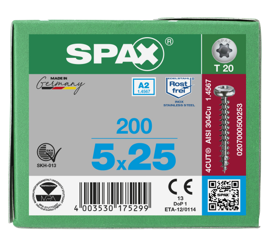 SPAX Halbrundkopf T-STAR plus 4CUT Vollgewinde Edelstahl rostfrei A2 1.4567        5x25 - 200 Stk