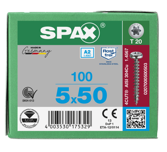 SPAX Halbrundkopf T-STAR plus 4CUT Vollgewinde Edelstahl rostfrei A2 1.4567        5x50 - 100 Stk