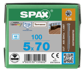 SPAX Terrassenschraube T-STAR plus CUT Fixiergewinde Edelstahl rostfrei  A2 1.4567  5x70 - 100 Stk