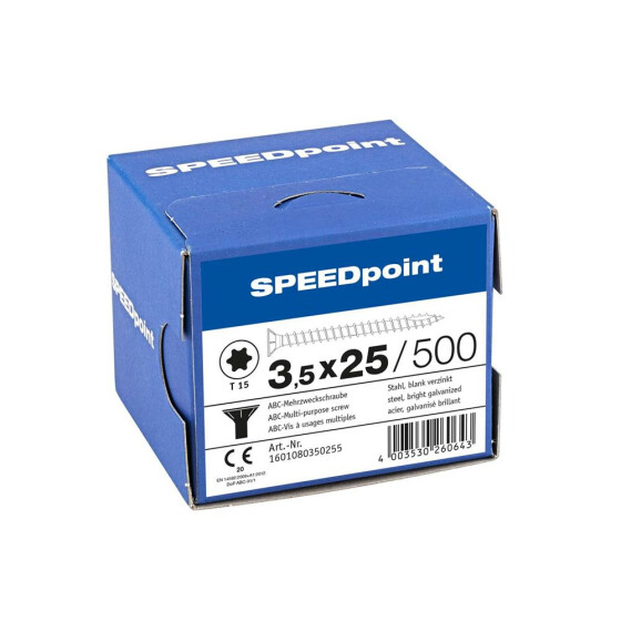 SPEEDpoint Universalschraube Senkkopf T15 Vollgewinde  blank verzinkt 500ST - 3,5 x 25