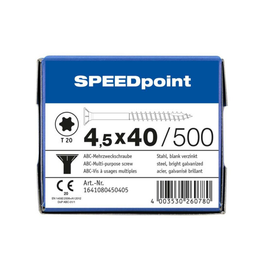 SPEEDpoint Universalschraube Senkkopf T20 Teilgewinde  blank verzinkt 500ST - 4,5 x 40