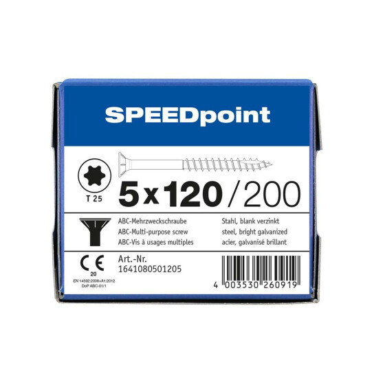 SPEEDpoint Universalschraube Senkkopf T25 Teilgewinde  blank verzinkt 200ST - 5 x 120
