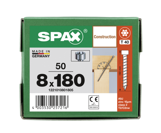 SPAX ZYLINDERKOPF T-STAR PLUS T40  VG TX40 8 x 180 WIROX  50 Stk