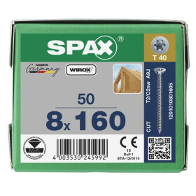 SPAX Senkkopf 8 mm T-STAR plus - Vollgewinde WIROX A3J  T40  -  8x160  -  5 Stk