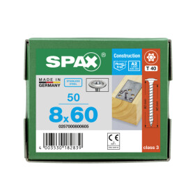 SPAX Tellerkopf 8 mm T-STAR plus 4CUT Vollgewinde Edelstahl rostfrei A2 1.4567  8x60 - 50 Stk