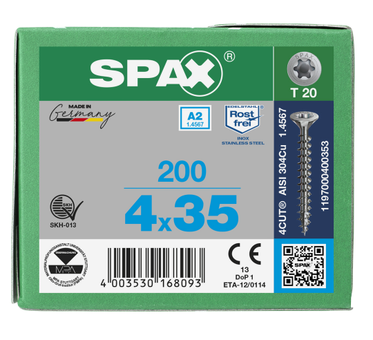 SPAX Senkkopf T-STAR plus - Vollgewinde Edelstahl rostfrei A2 1.4567      T20  -  4x35  -  200 Stk
