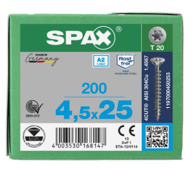 SPAX Senkkopf T-STAR plus - Vollgewinde Edelstahl rostfrei A2 1.4567      T20  -  4,5x25  -  200 Stk